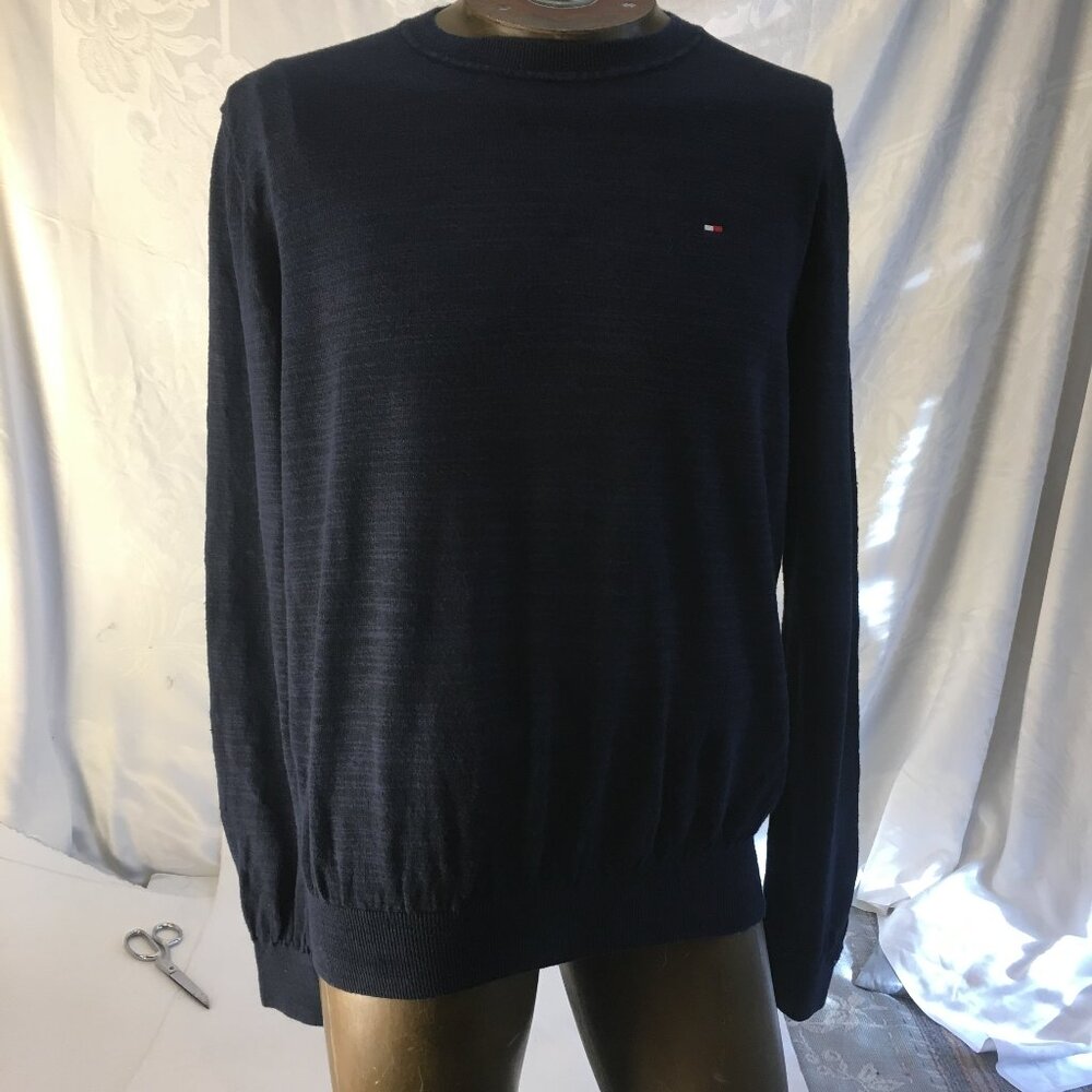 Tommy Hilfiger Sweater Men's Med Navy Blue Knit Cotton Crew Neck Pullover Logo